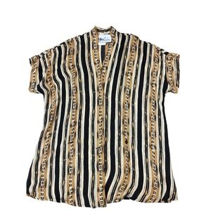 Vintage Silk Striped Geometric Short Sleeve Blouse Womens 12 Black Tan